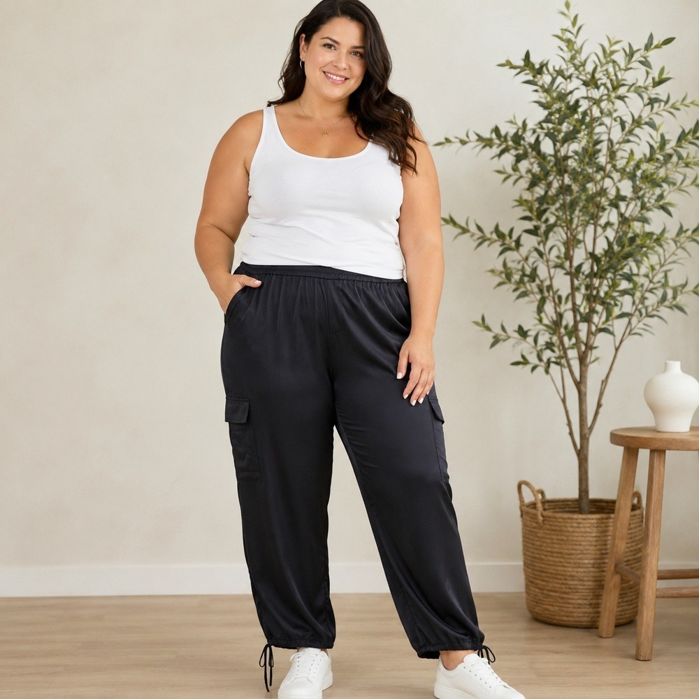 J. Jill Black Tencel Modal Viscose Cargo Pants 2X Elastic Waist Drawstring Hem